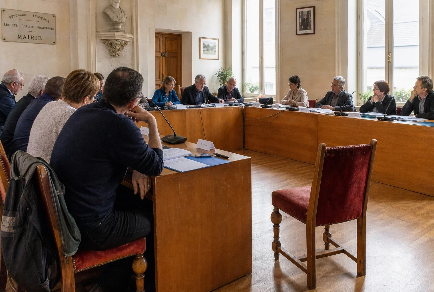 Salle de conseil municipal française avec micros, dossiers flous et chaise vide lors d’une réunion politique