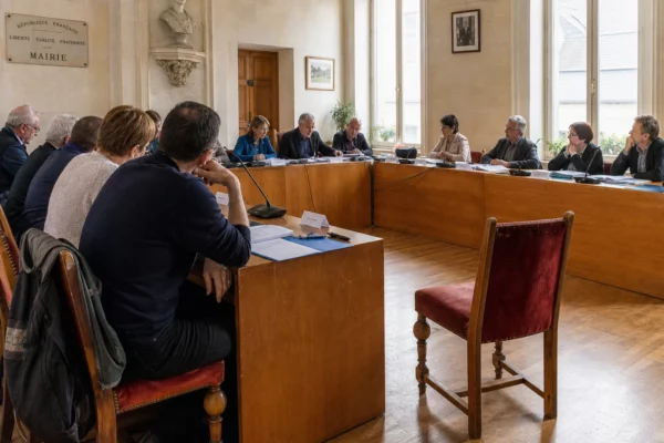 Salle de conseil municipal française avec micros, dossiers flous et chaise vide lors d’une réunion politique