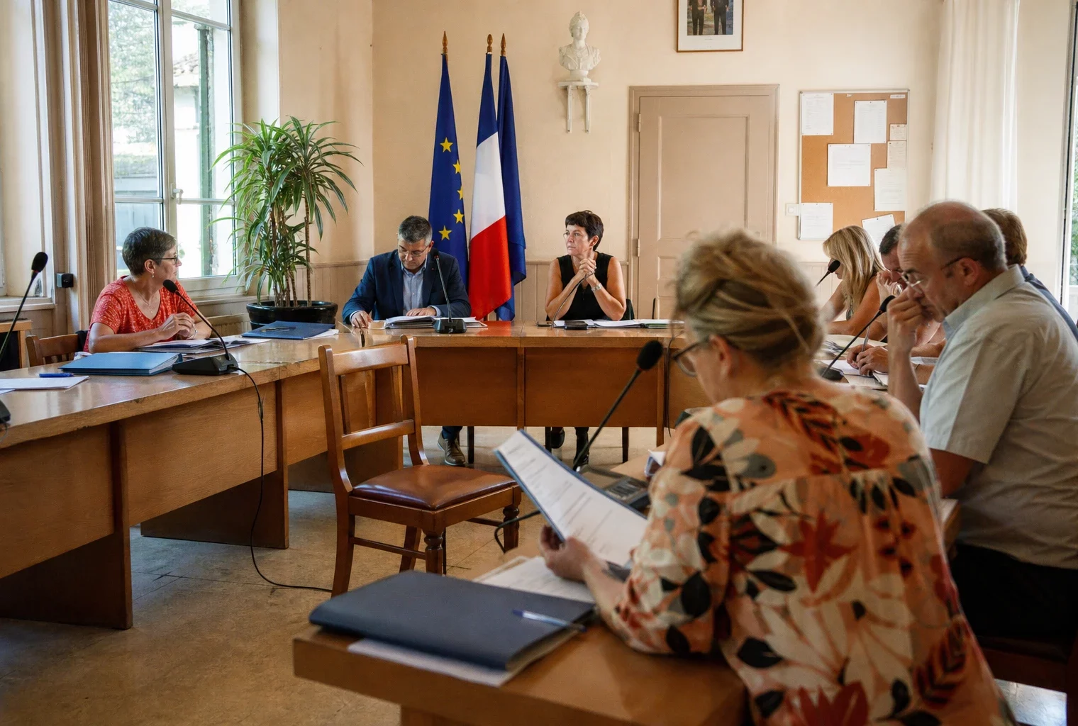Salle municipale française réunie autour de l’adaptation climatique, avec micros, dossiers et une chaise vide