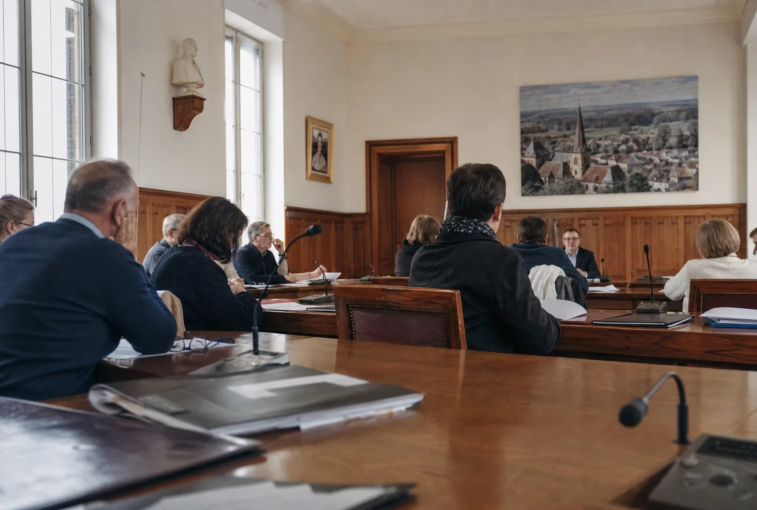 Salle de conseil municipal française avec chaise vide, micros et dossiers lors d’un débat politique international