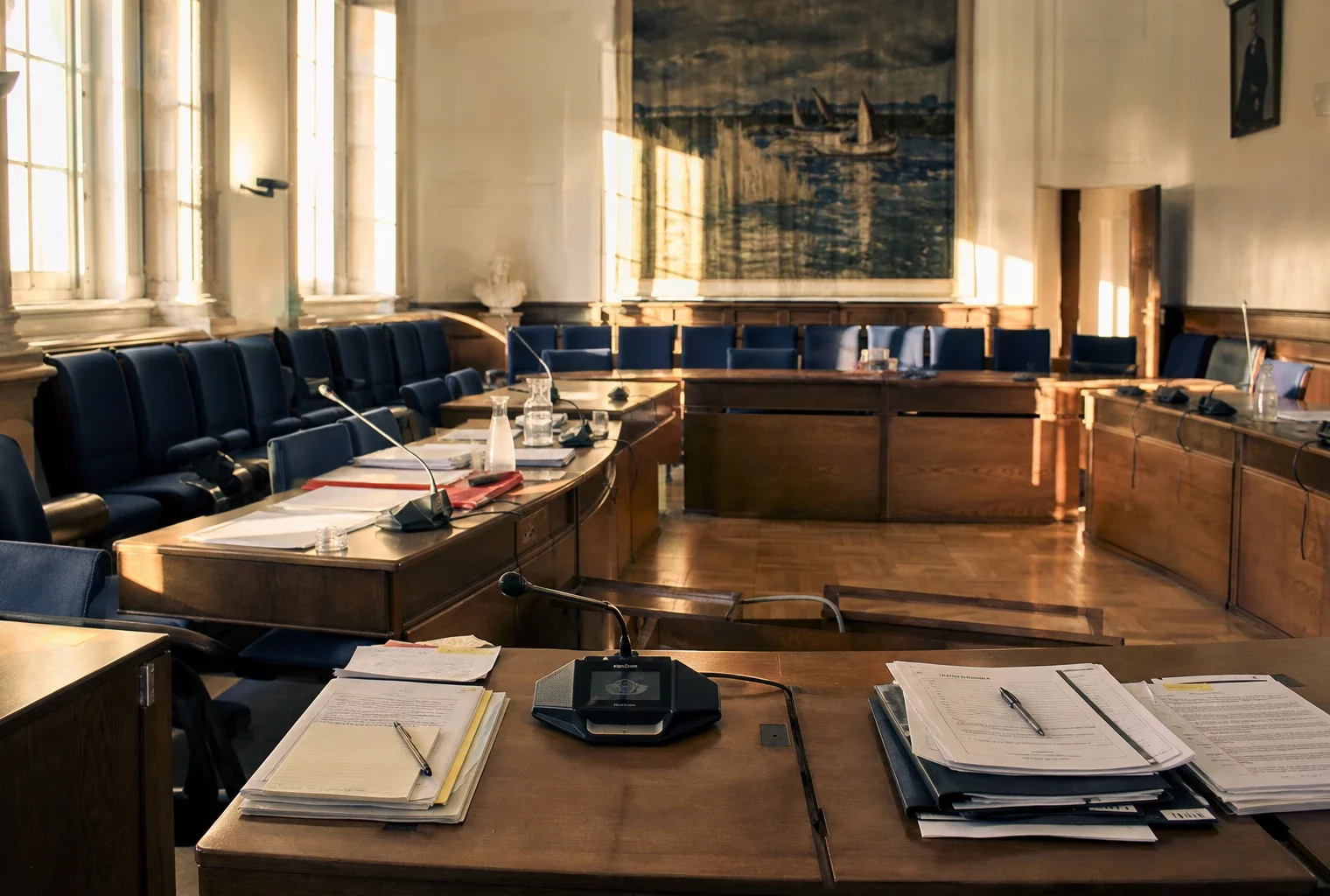 Salle du conseil municipal vide dans une mairie, avec pupitres, micros et rangées de sièges.