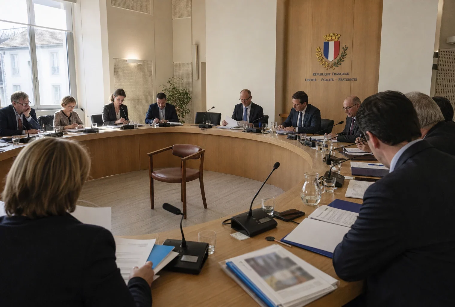 Salle municipale française avec micros, dossiers et chaise vide lors d’une réunion sur la coopération européenne