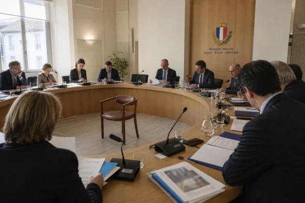 Salle municipale française avec micros, dossiers et chaise vide lors d’une réunion sur la coopération européenne