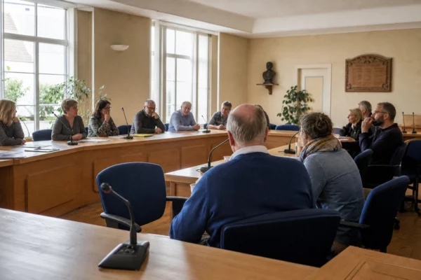 Salle municipale française avec élus anonymes, micros, dossiers flous et une chaise vide pendant une réunion locale