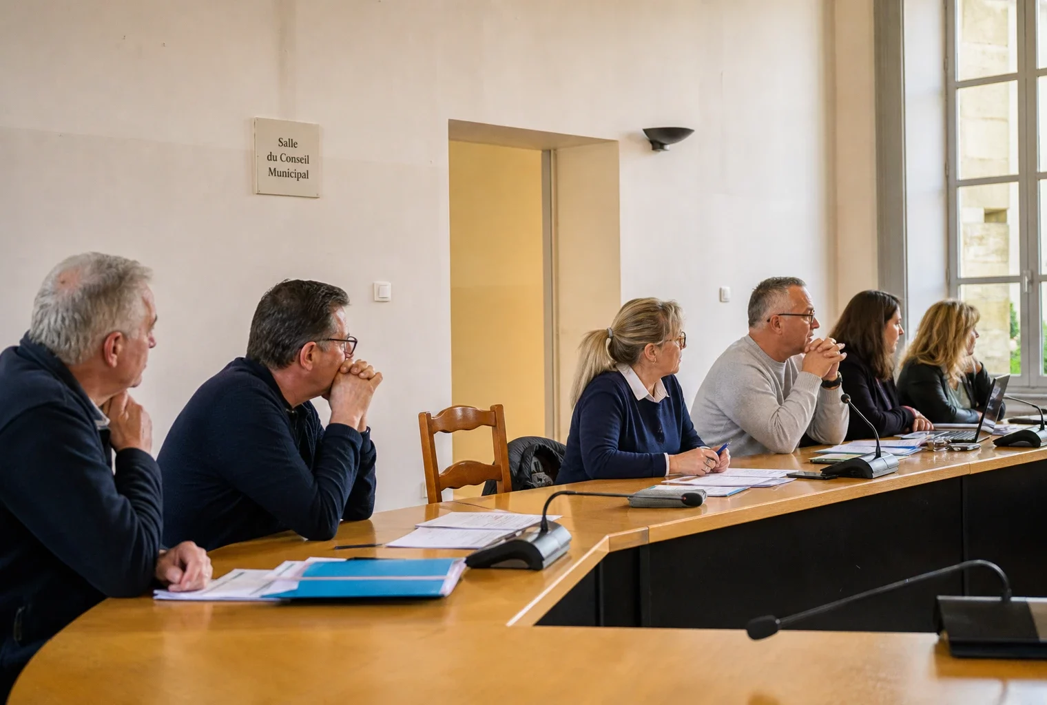 Salle municipale française avec élus anonymes, chaise vide, micros et dossiers lors d’un conseil local en Gironde