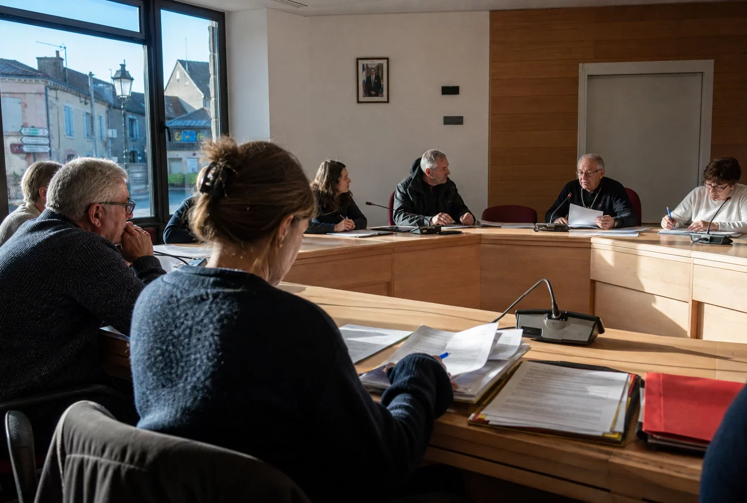 Salle de conseil municipal française avec une chaise vide, des micros et des dossiers lors d’un débat législatif