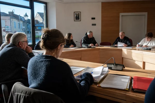 Salle de conseil municipal française avec une chaise vide, des micros et des dossiers lors d’un débat législatif