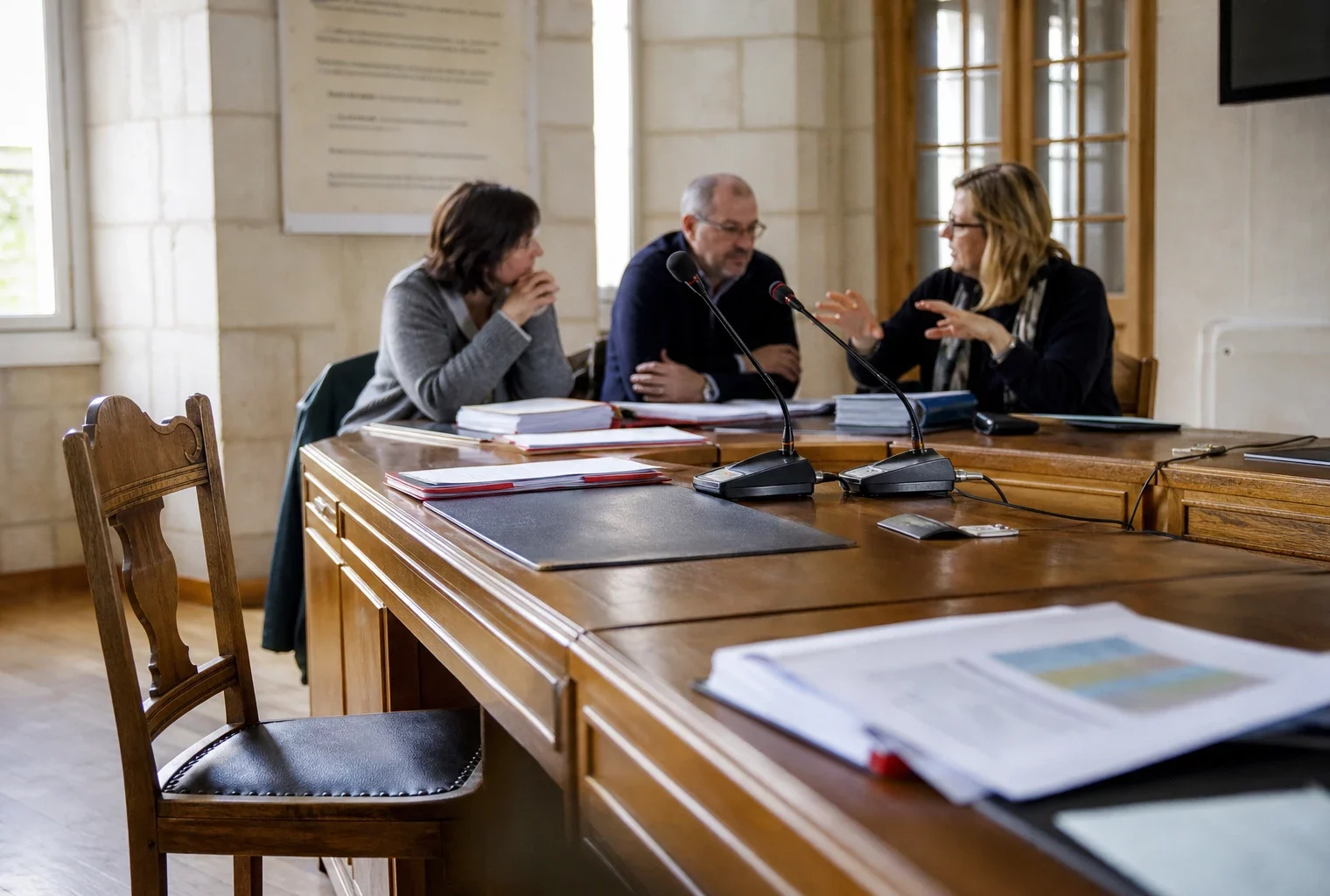 Salle municipale française avec micros, dossiers flous et chaise vide lors d’une réunion sur les menaces hybrides