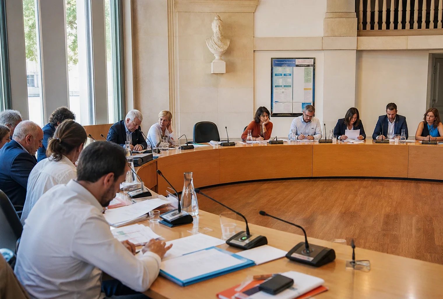 Salle municipale française avec élus anonymes, micros, dossiers flous et une chaise vide au conseil local