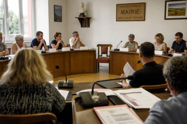 Salle municipale française lors d’un conseil local, avec élus anonymes, micros et une chaise vide en retrait