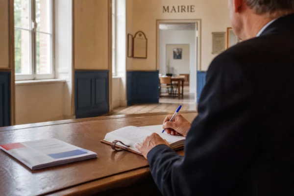 Élu local anonyme prenant des notes dans une mairie française sur fond de dossier électoral flou