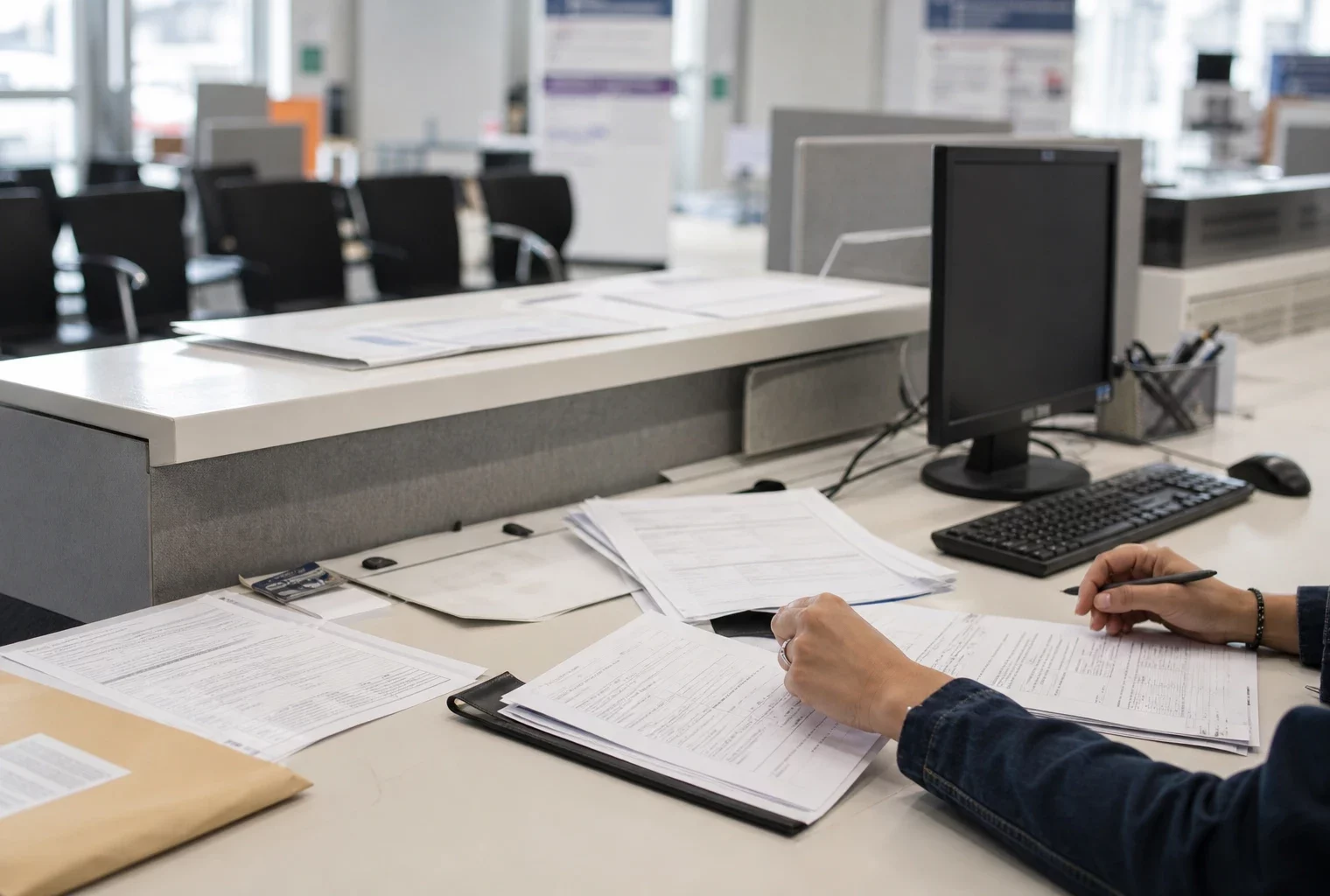 Guichet France Travail avec comptoir, mains au travail, dossiers papier et salles d’attente en arrière-plan.