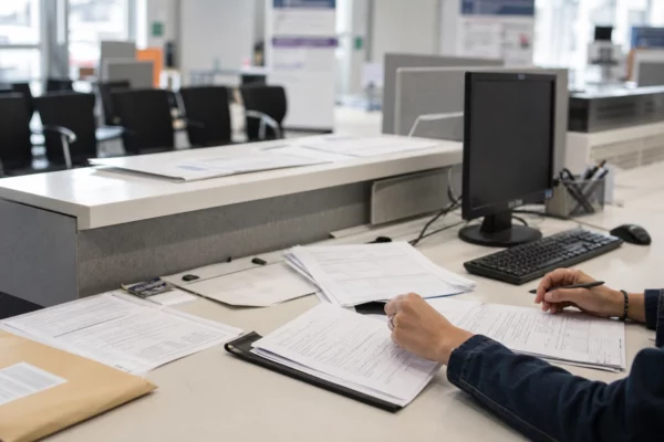 Guichet France Travail avec comptoir, mains au travail, dossiers papier et salles d’attente en arrière-plan.