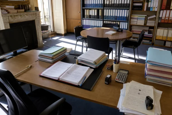 Dans un bureau de l’Assemblée nationale, des dossiers et documents de contrôle sont étalés sur une table.