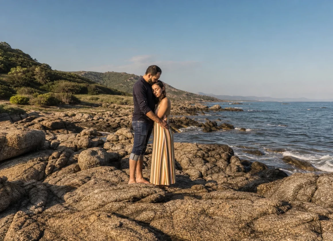 Couple enlacé sur des rochers en Corse, mer calme derrière eux et végétation méditerranéenne floue au loin.