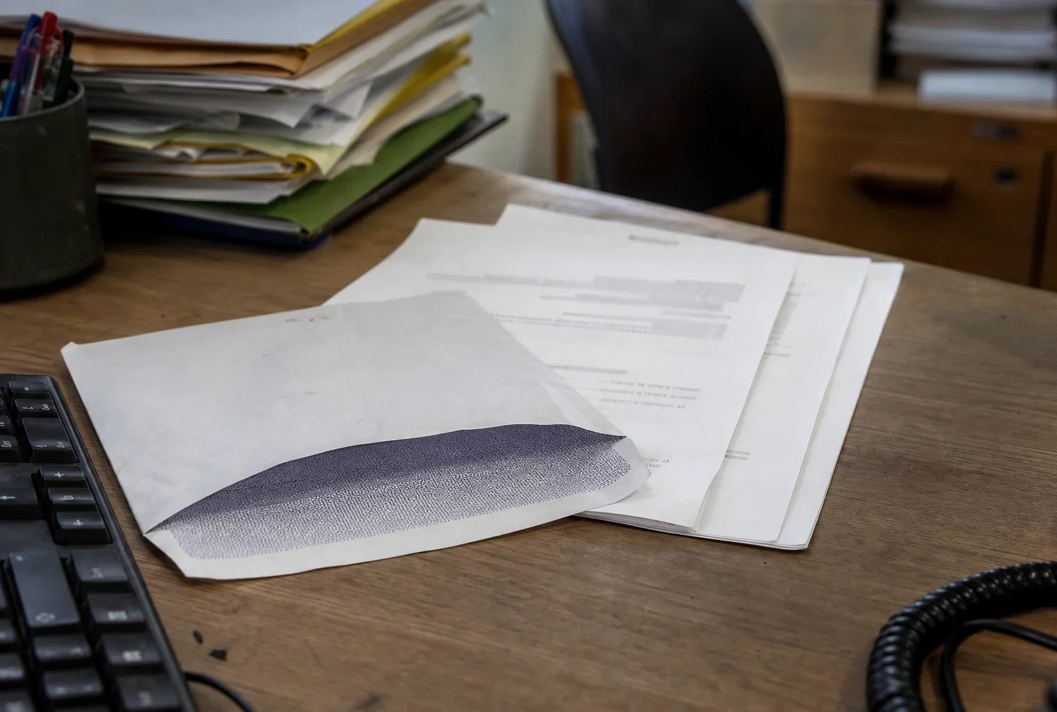 Une lettre de candidature posée sur un bureau de mairie, avec des dossiers administratifs en arrière-plan.