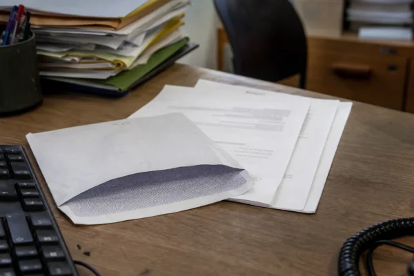 Une lettre de candidature posée sur un bureau de mairie, avec des dossiers administratifs en arrière-plan.