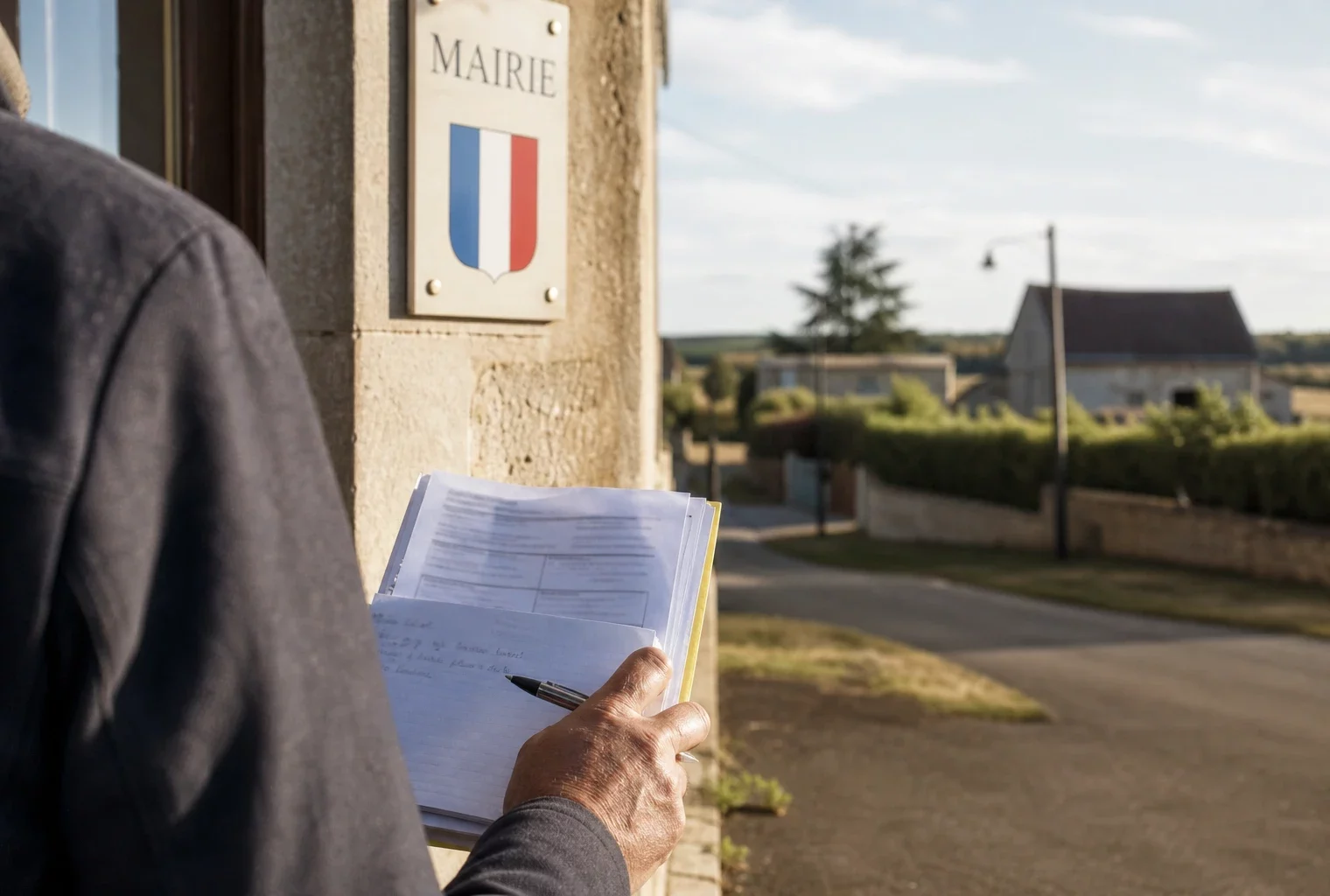 Élu local anonyme consultant un dossier d’aide agricole devant une mairie rurale française en pleine chaleur