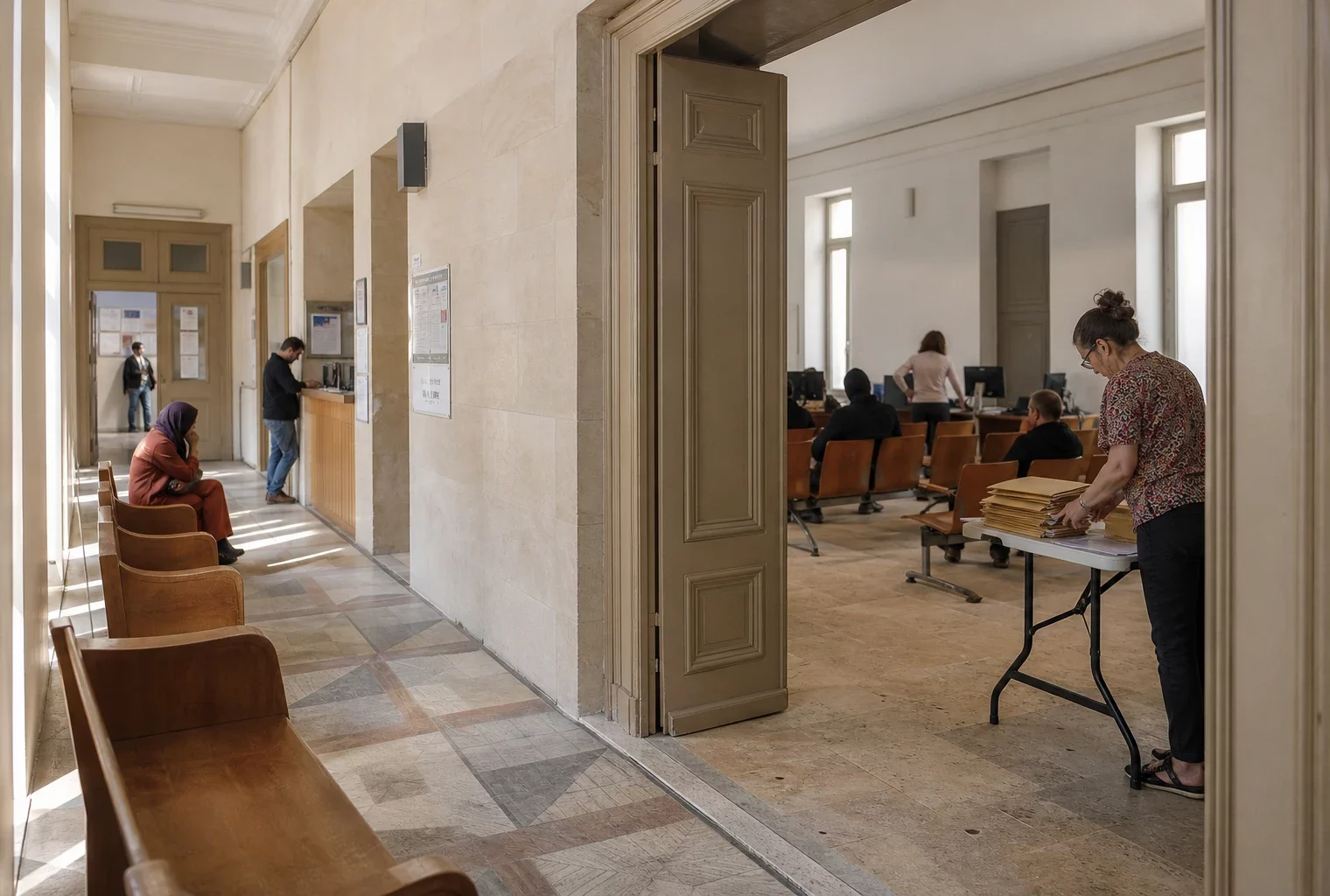 Hall clair d’une institution publique française avec une salle d’audition et des visiteurs anonymes en arrière-plan