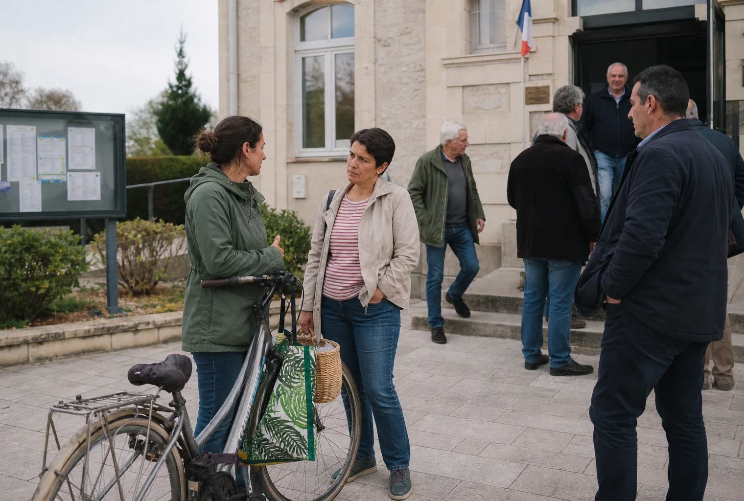 Citoyens anonymes devant une mairie française, échangeant sur les effets économiques de la crise d’Ormuz