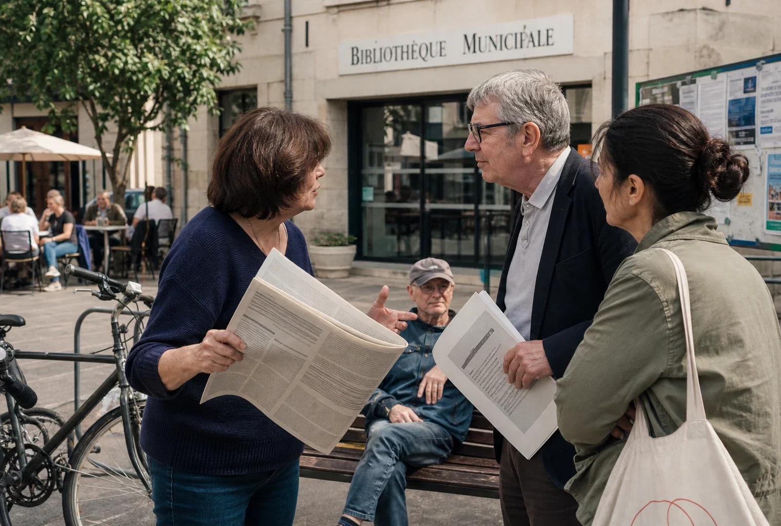 Scène citoyenne dans une ville française, avec des habitants anonymes discutant près d’une bibliothèque municipale