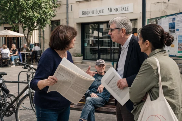 Scène citoyenne dans une ville française, avec des habitants anonymes discutant près d’une bibliothèque municipale