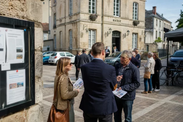 Citoyens anonymes échangeant devant une mairie française sur les enjeux politiques européens