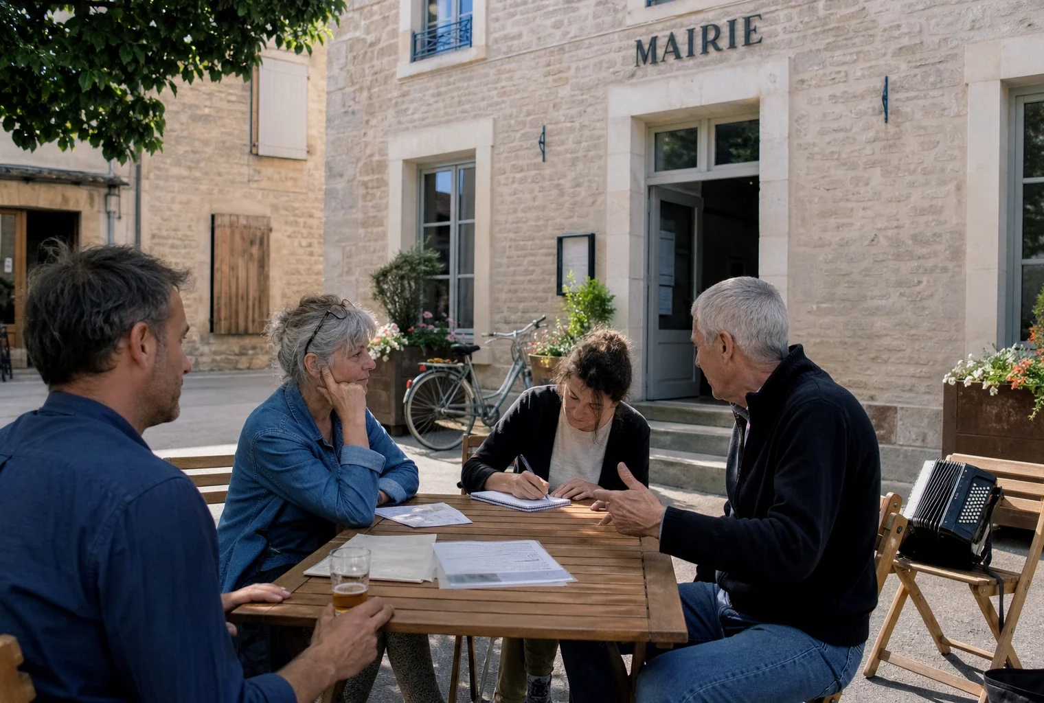 Citoyens anonymes débattant autour d’une table devant une mairie française, dans une ambiance de proximité locale