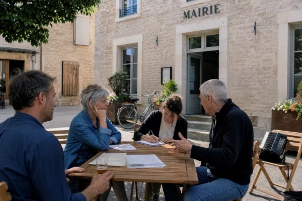 Citoyens anonymes débattant autour d’une table devant une mairie française, dans une ambiance de proximité locale