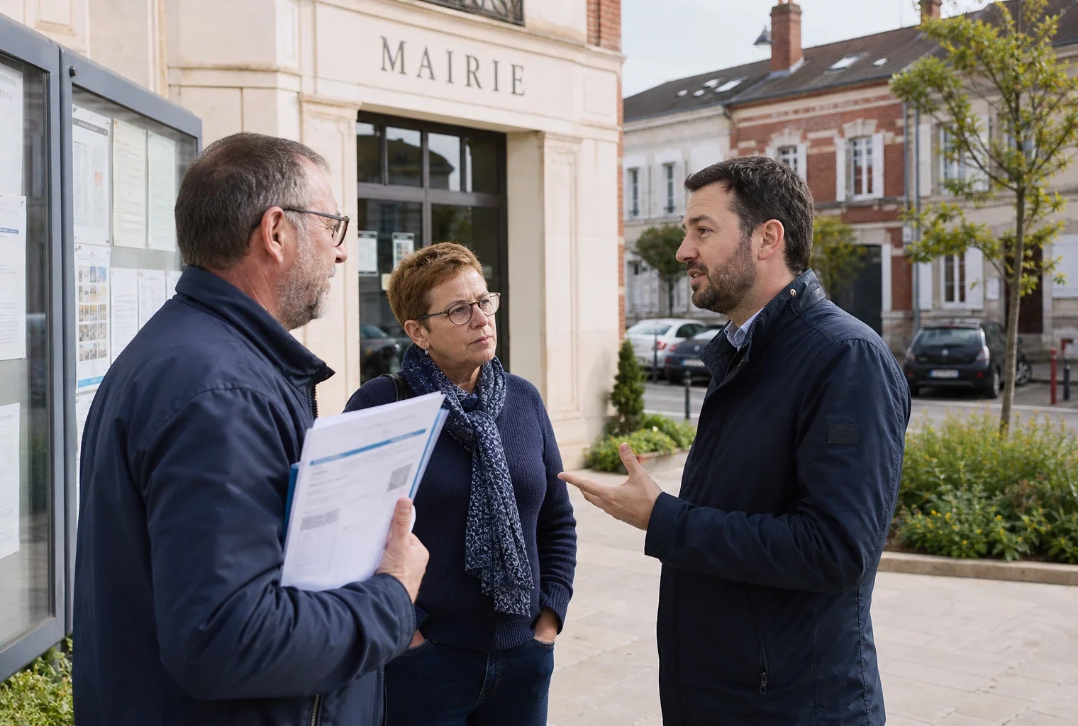 Citoyens anonymes échangeant devant une mairie française lors d’un débat sur une politique migratoire