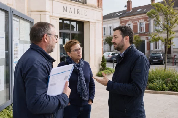 Citoyens anonymes échangeant devant une mairie française lors d’un débat sur une politique migratoire