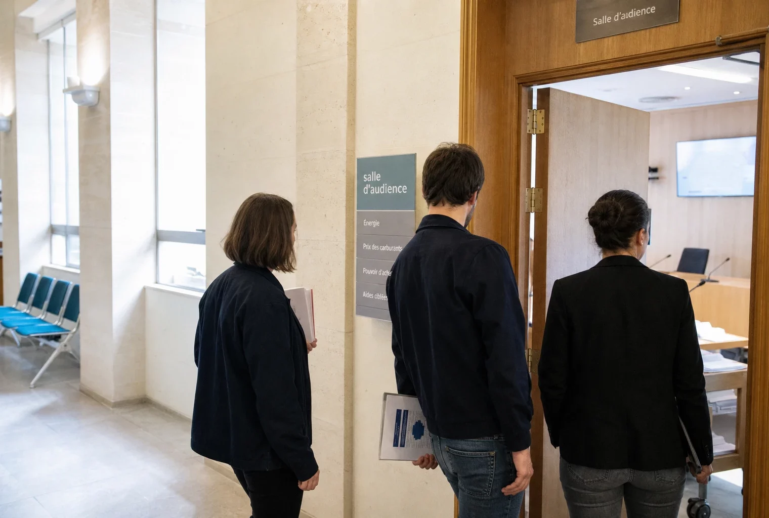 Couloir lumineux d’un bâtiment public français avec salle d’audition et dossier sur les prix des carburants