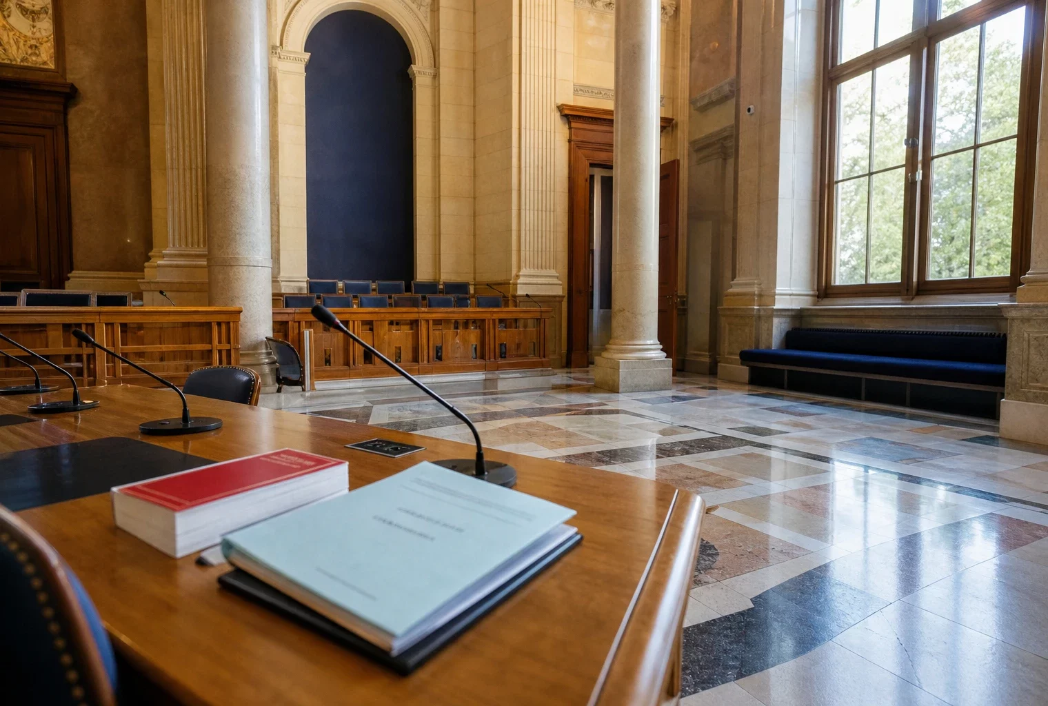 Salle institutionnelle française en marbre, micros et dossier juridique évoquant le débat sur la laïcité à l’école