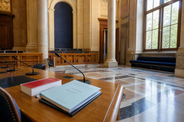 Salle institutionnelle française en marbre, micros et dossier juridique évoquant le débat sur la laïcité à l’école