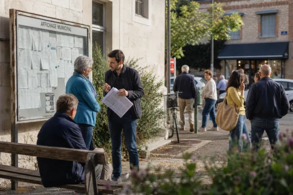 Habitants anonymes échangent sur une place de commune française près d’un panneau municipal, en lumière naturelle