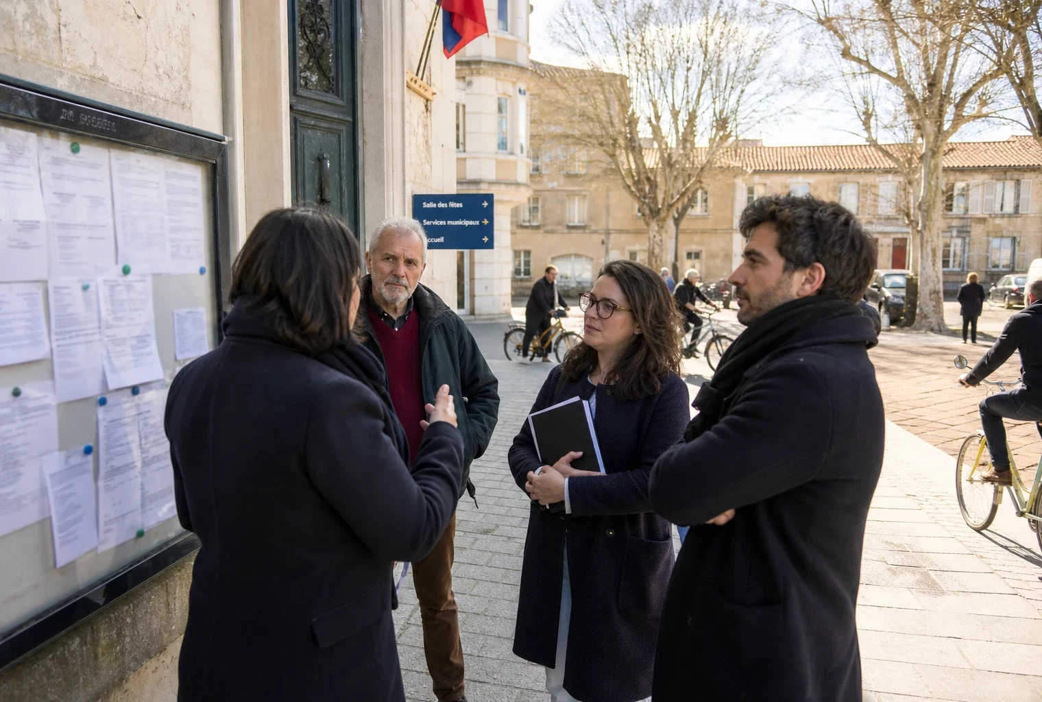 Habitants anonymes échangeant sur une place de ville française près d’un bâtiment municipal, en lumière naturelle