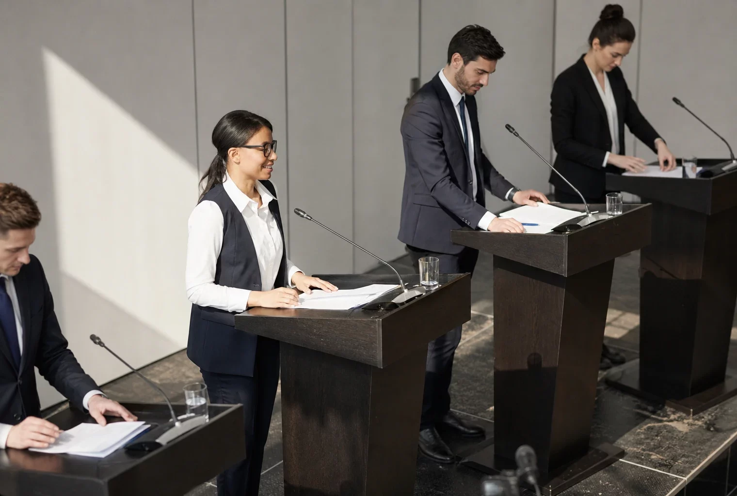 Salle de débat politique en France avec pupitres alignés, micros de conférence et estrade neutre, vue plongeante au soleil.