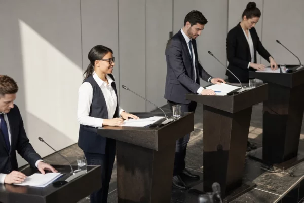 Salle de débat politique en France avec pupitres alignés, micros de conférence et estrade neutre, vue plongeante au soleil.