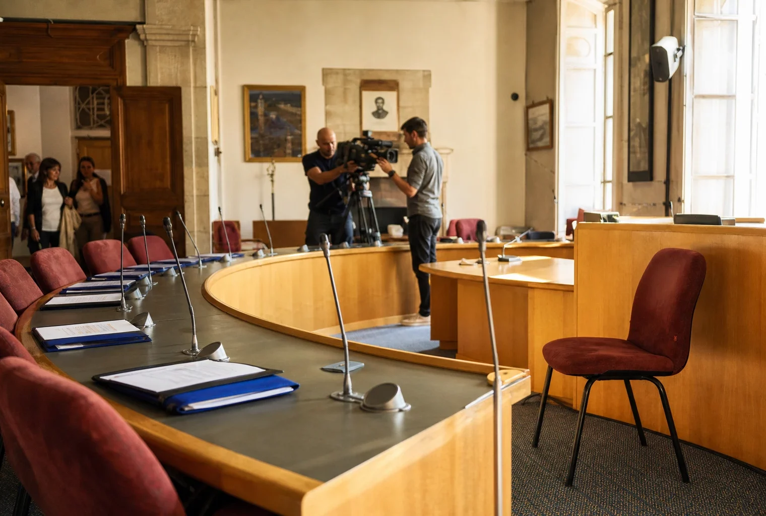 Salle municipale française préparée pour un débat politique, avec micros, dossiers et une chaise vide