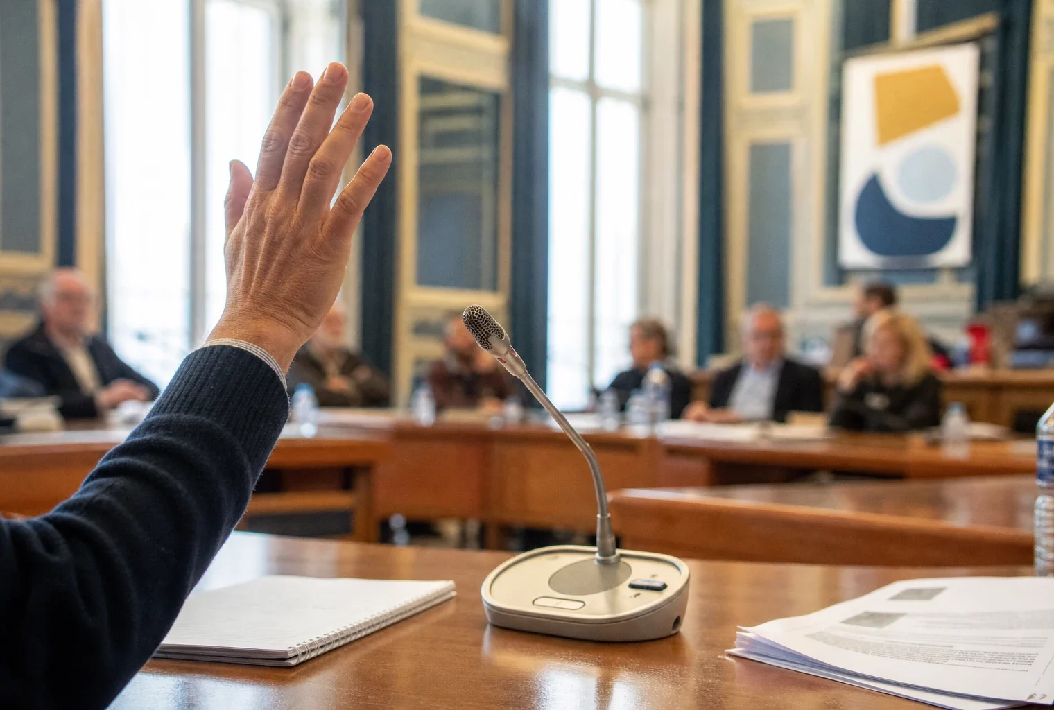 Salle publique française avec main levée, micro sans logo et document juridique flou lors d’un débat sur l’épargne salariale