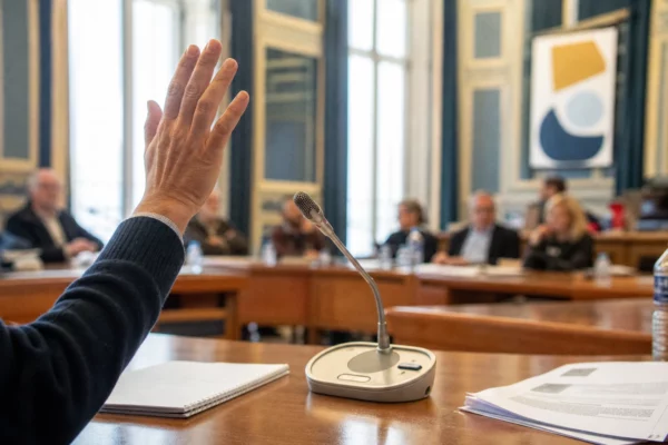 Salle publique française avec main levée, micro sans logo et document juridique flou lors d’un débat sur l’épargne salariale