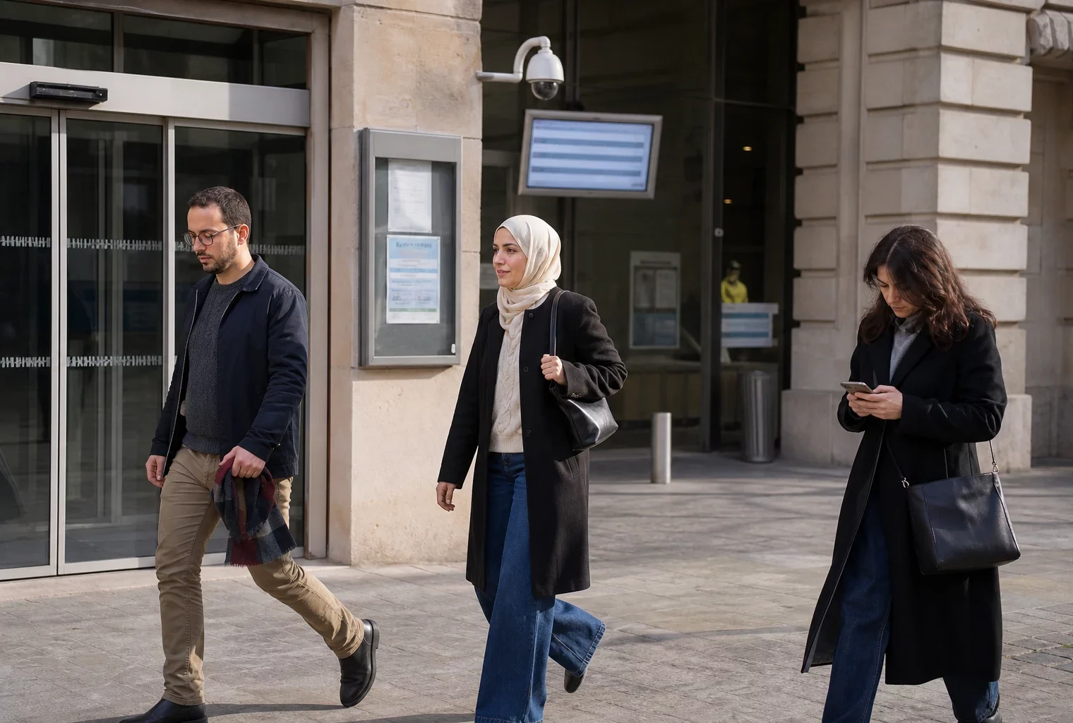 Passants anonymes devant un bâtiment public français, dont une femme portant un foulard dans une scène urbaine calme