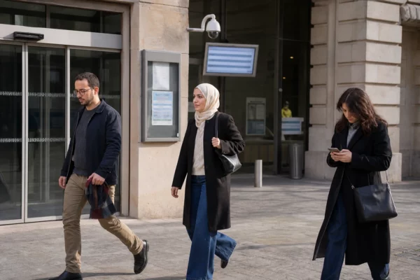 Passants anonymes devant un bâtiment public français, dont une femme portant un foulard dans une scène urbaine calme