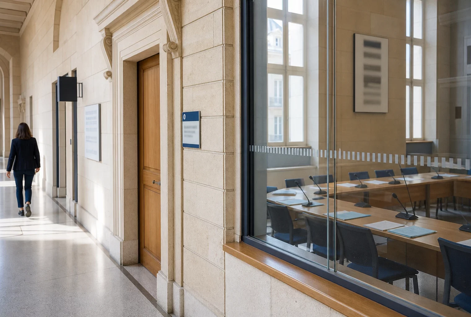 Hall lumineux d’une institution française avec salle d’audition et microphones, évoquant le débat sur l’épargne salariale