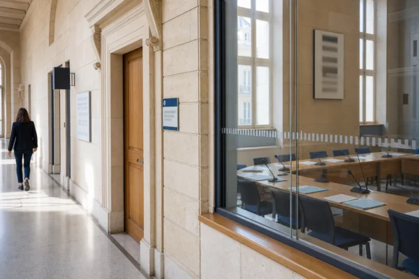 Hall lumineux d’une institution française avec salle d’audition et microphones, évoquant le débat sur l’épargne salariale