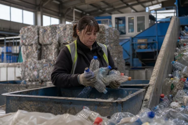 Opératrice en gilet de sécurité triant des bouteilles en PET dans un centre de recyclage, devant des ballots de plastique compressé.