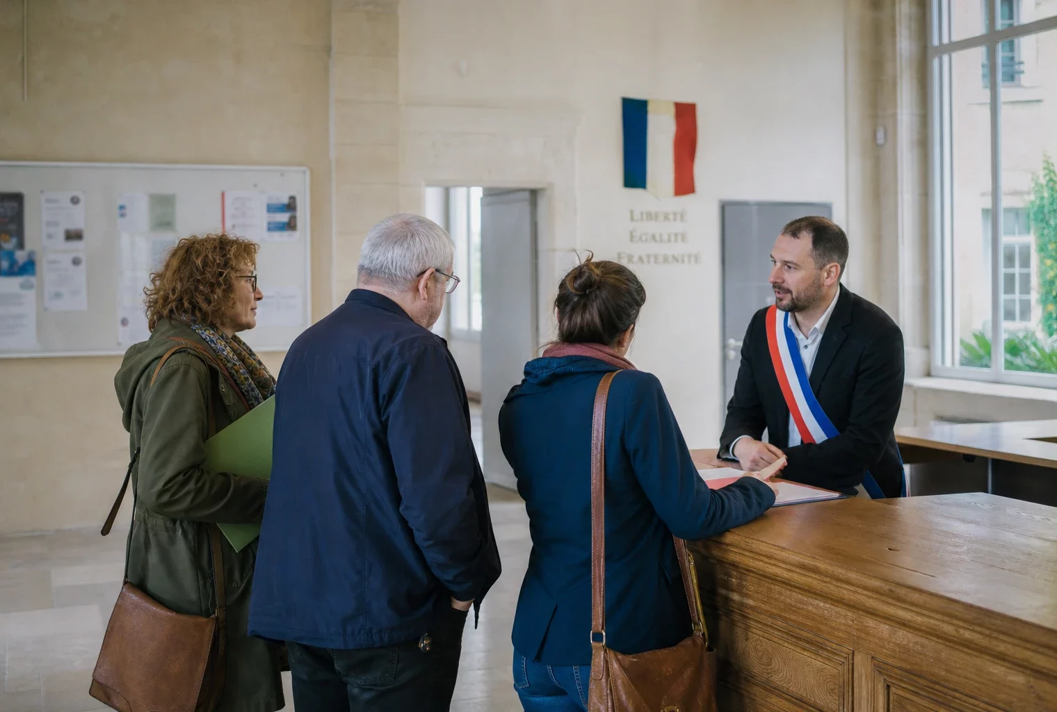 Citoyens anonymes échangeant dans le hall lumineux d’une mairie française autour de la confiance politique