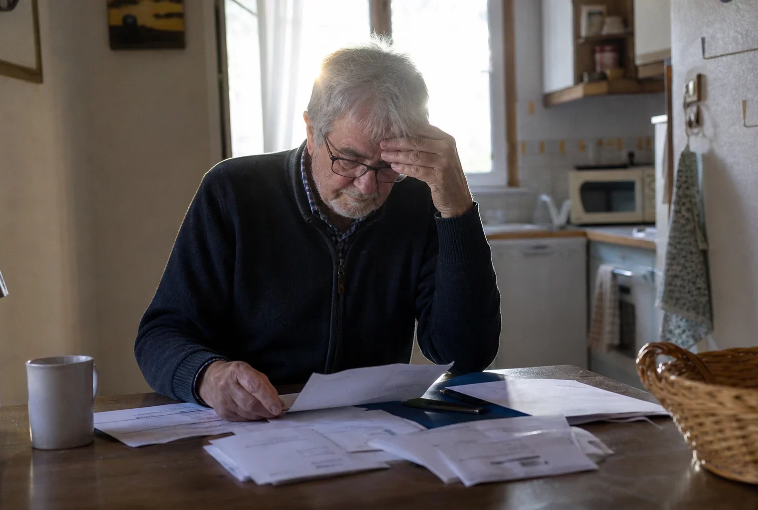Factures et courrier administratif sur une table de cuisine, dans un intérieur simple, pour illustrer le pouvoir d’achat des retraités.