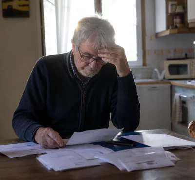 Factures et courrier administratif sur une table de cuisine, dans un intérieur simple, pour illustrer le pouvoir d’achat des retraités.