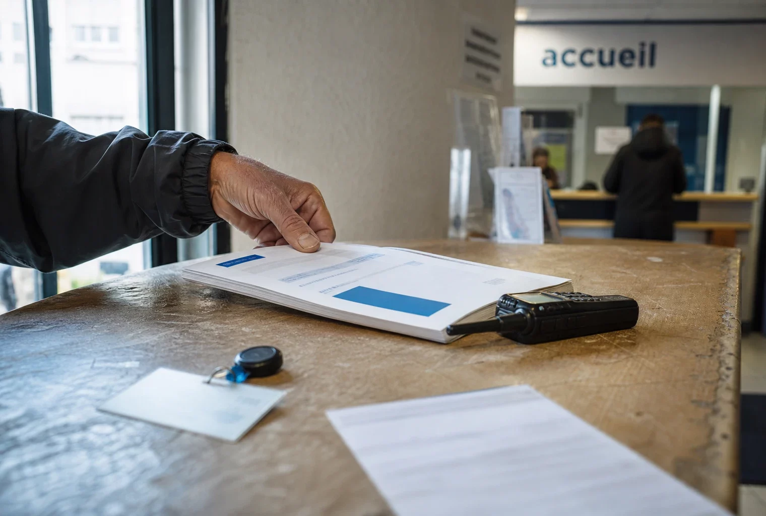 Main tenant un dossier institutionnel et un badge générique dans un espace public français lumineux